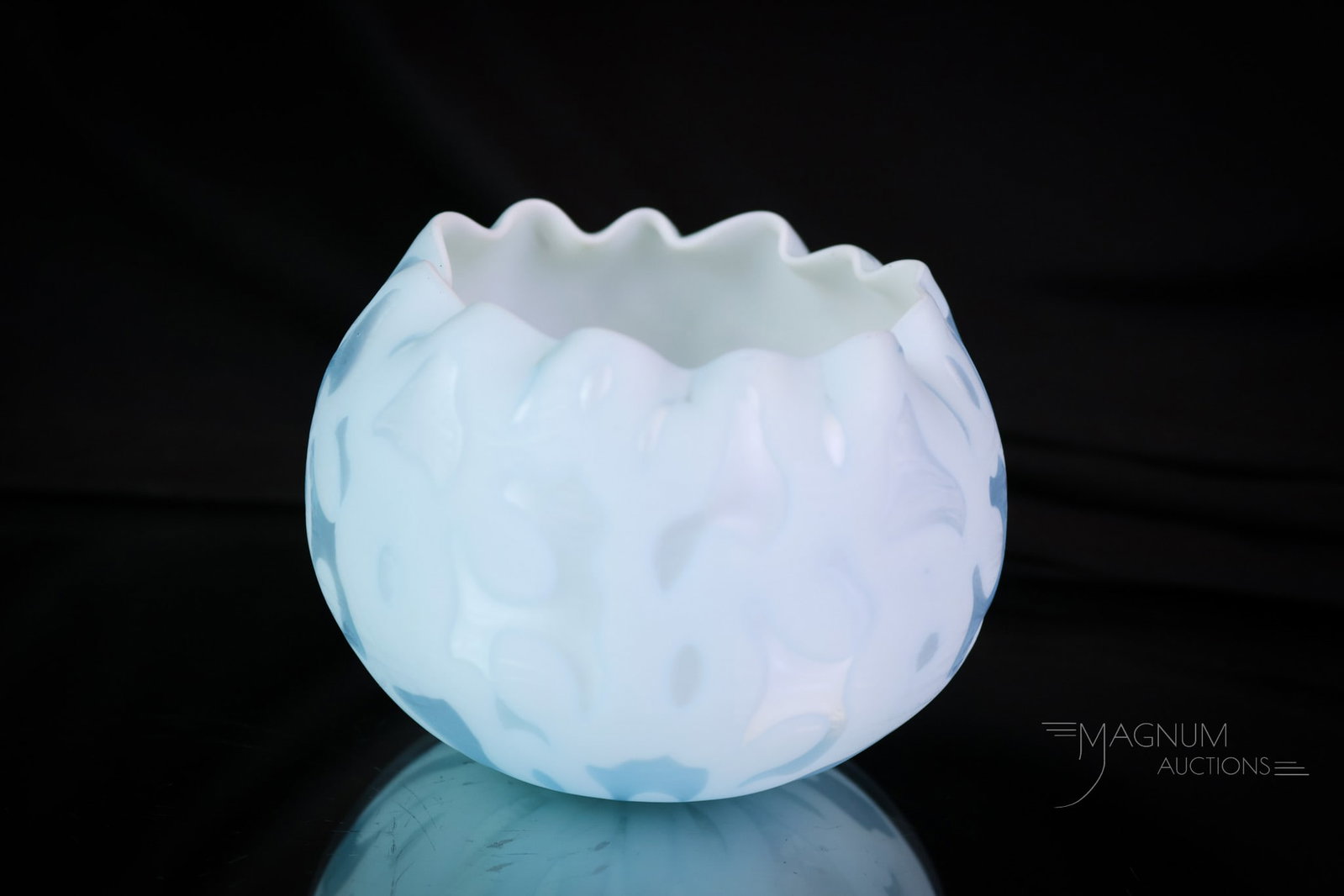 Baby Blue Victorian Glass Rumba Cloud Mother of Pearl Art Glass Rose Bowl: A fine baby blue colored Victorian glass rose bowl. This piece in a Rumba Cloud pattern. This rose bowl measures 2 1/2" tall. SHIPPING NOTICE: If you choose not to utilize the LiveAuctioneers LiveShip