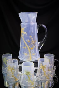 6 pc Set Victorian Gilt Opalescent Decorated Glass Water Set