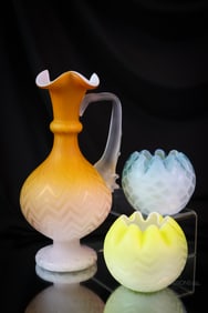 3 pc Lot Victorian Mother of Pearl Satin Art Glass