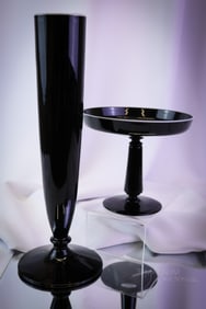 2 pc Lot Signed Sinclaire Art Deco Black Glass Vase & Compote
