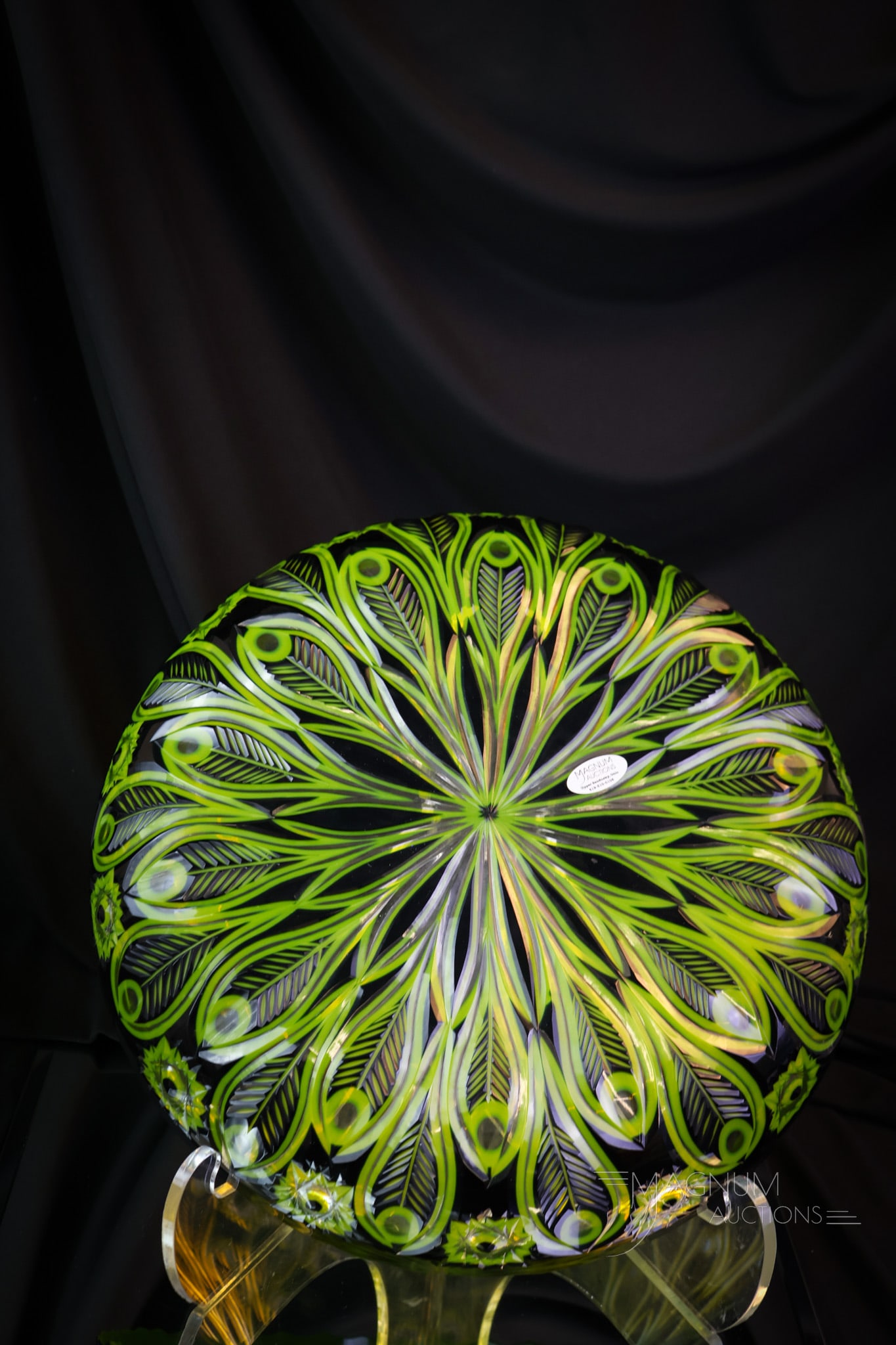 Large Bohemian Blue to Lemon Cut Glass 12 1/2" Bowl: A colorful find in a cut glass bowl. This piece measures 12 1/2" in diameter. It is cut in a Hobstar and Feather design. The piece is overlaid with dark, dark blue and cut to lemon and then to clear.