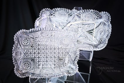 2 pc Lot American Brilliant Period Cut Glass Ice Cream Trays