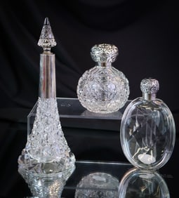 3 pc Lot Cut Glass Sterling Cologne Perfume Bottle Flasks