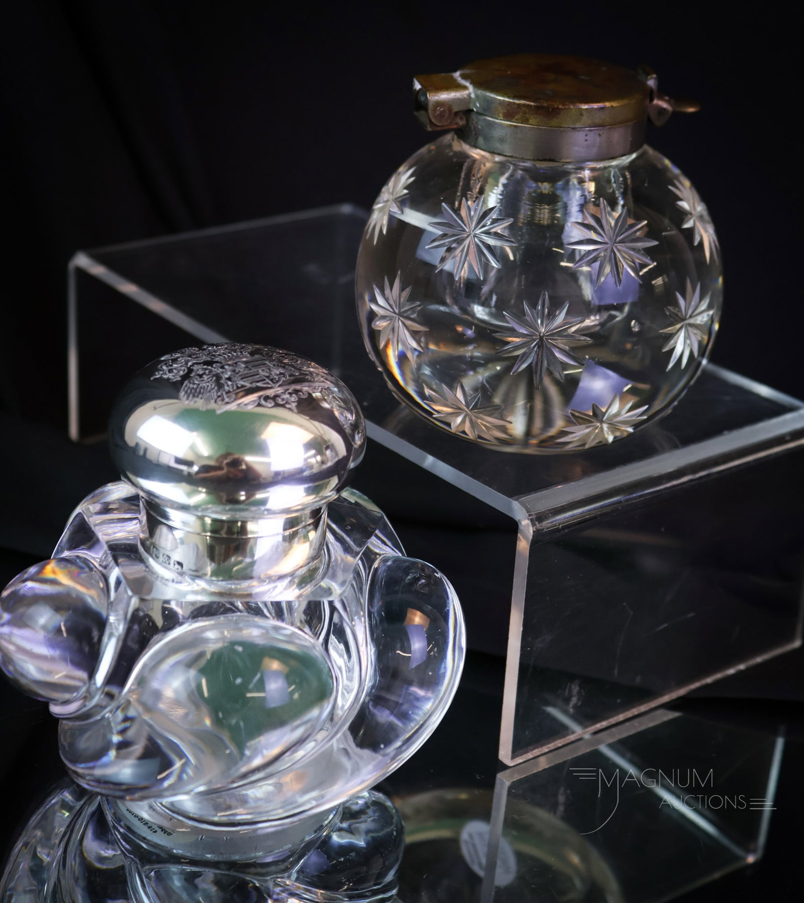 2 pc Lot Baccarat & Gillinder Victorian Glass Inkwells & Sterling Silver: Two nice finds in Victorian inkwells. The first is a Baccarat swirled-pattern body inkwell. This has a sterling silver lid. The second is a Gillinder with cut stars. The tallest measures 3 1/2". The B