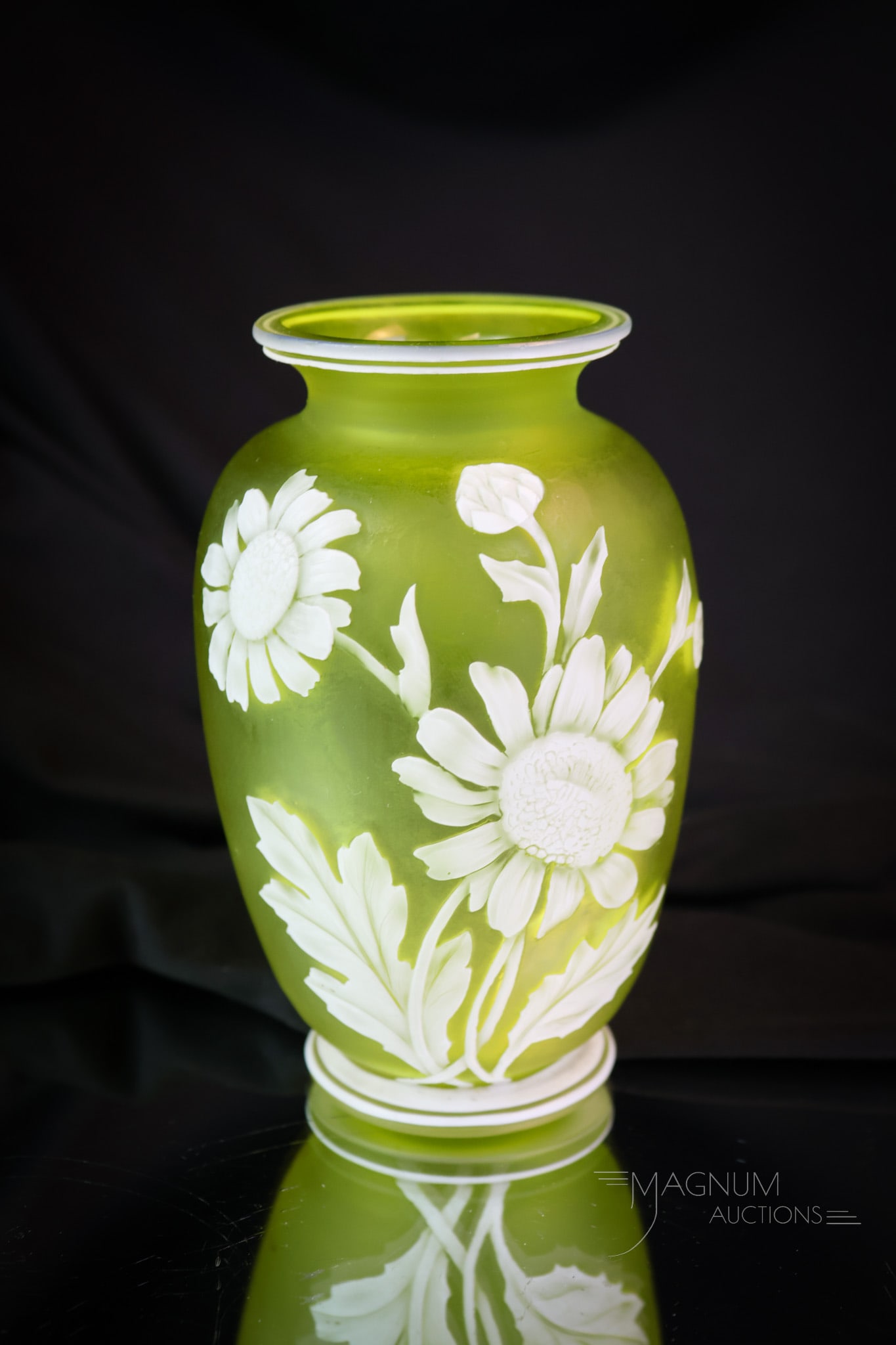 Marked Webb Victorian English Cameo Glass Cabinet Vase: A nice find in English cameo glass. This is a citron cabinet vase. It is marked Webb and features a decoration of sunflowers and a butterfly. The vase measures 5 1/4" tall. SHIPPING NOTICE: If you cho