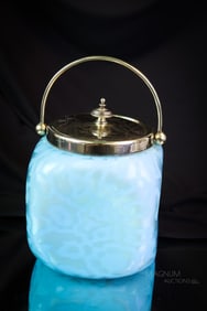 Victorian Blue Satin Mother of Pearl Flower & Acorn Art Glass Biscuit Jar