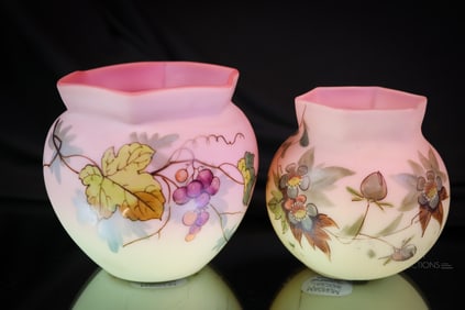 2 pc Lot Victorian Webb Uranium Burmese Decorated Art Glass Vases