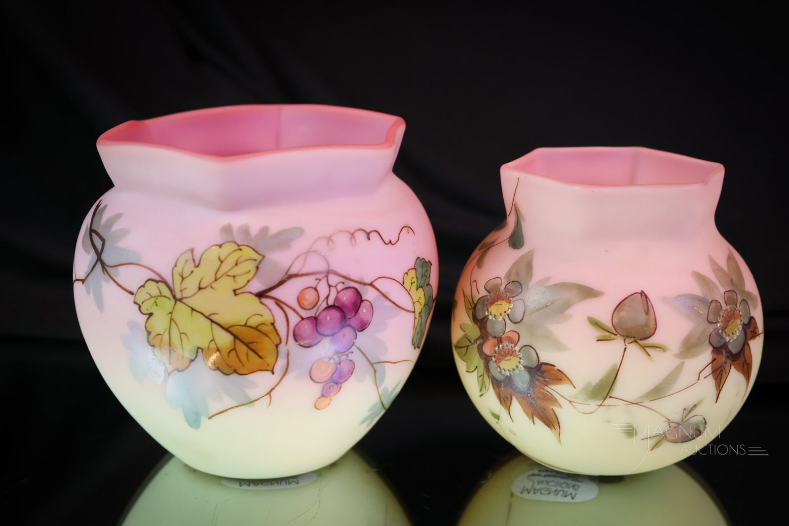 2 pc Lot Victorian Webb Uranium Burmese Decorated Art Glass Vases: A delightful pairing of two Webb uranium-rich cabinet vases in decorated burmese glass. Each is a unique form. The tallest measures 3 1/2". SHIPPING NOTICE: If you choose not to utilize the LiveAuctio
