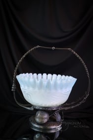 Wilcox Victorian silverplate Mother of Pearl Satin Glass Brides Basket Centerpiece