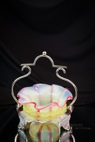 English Victorian Silverplate &Uranium Vaseline Art Glass Sweetmeat