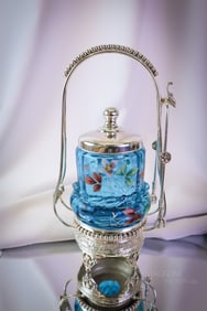 Connecticut Silverplate Azue Blue Victorian Enameled Glass Pickle Castor