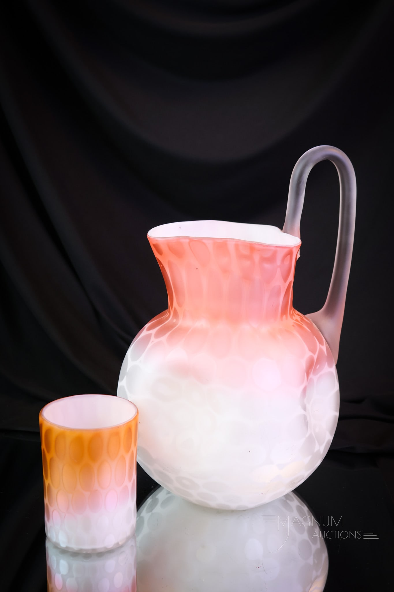 2 pc Lot Victorian Mother of Pearl Art Glass Satin Water Pitcher & Tumbler: Two nice finds in Victorian mother-of-pearl satin glass. There's a pitcher and a tumbler in beautiful pink apricot coloring. The tallest measures 10 1/2". SHIPPING NOTICE: If you choose not to utilize