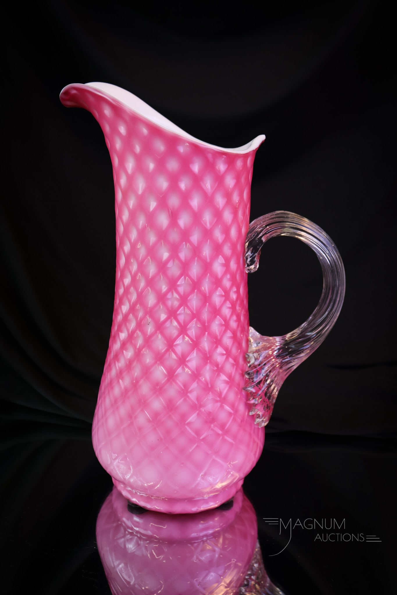 Rare Pink Cut Velvet Victorian Glass Tankard Water Pitcher: Here's a beautiful and rare find. This is a sleek deep pink cut velvet Victorian tankard water pitcher. This piece has extraordinary pattern definition and style. The pitcher measures 10 3/4" tall. SH