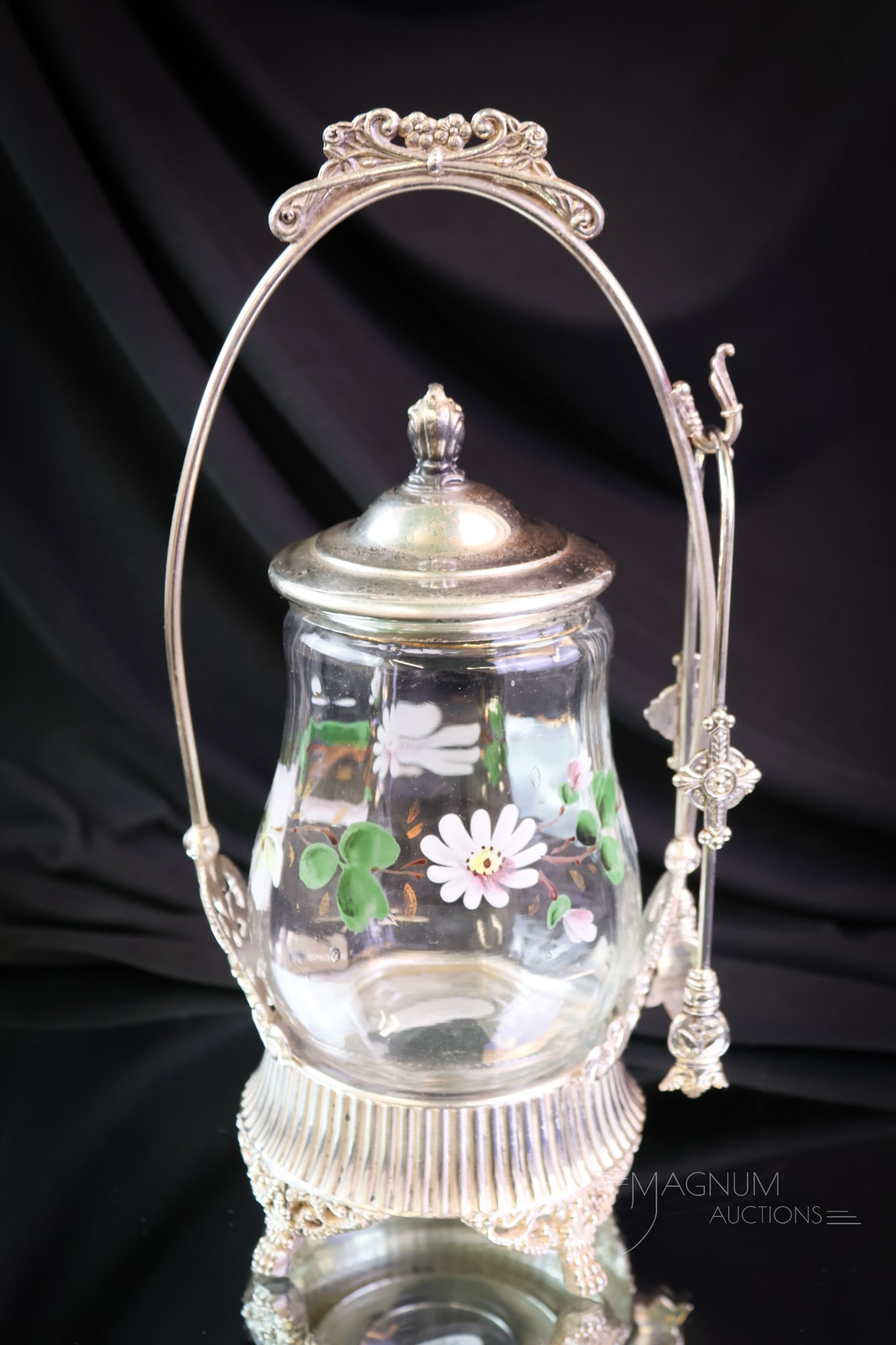 Victorian Enameled Glass Silverplate Pickle Castor: Here's a pretty example of the fineries of the Gilded Age. This fine silverplate castor is a simple yet elegant piece of silverplate and glass. This castor frame appears to be unmarked. The castor mea