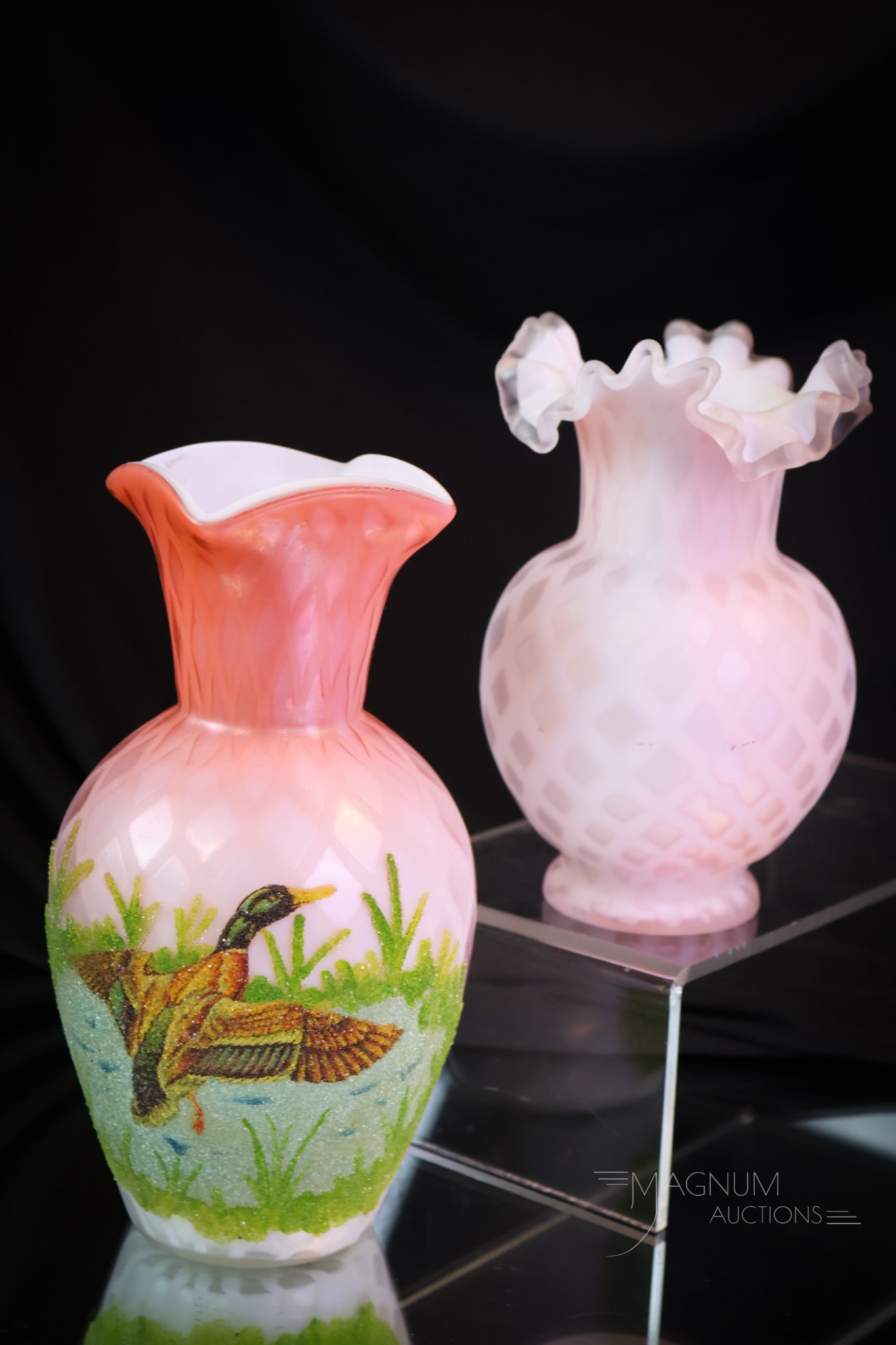 2 pc Lot Victorian Mother of Pearl Satin Glass Coralene & Rainbow: two unique finds in Victorian mother-of-pearl of pearl satin glass. This lot combines a delicate rainbow colored vase with a pink vase with a coralene scene of a duck and a pond. The tallest measures 