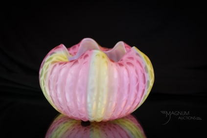 Rainbow Ribbed Victorian Mother of Pearl Satin Glass Rose Bowl