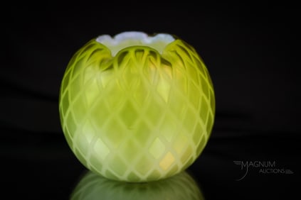 Lime Yellow Victorian Stripe Diamond Quilt Glass Miniature Rose Bowl