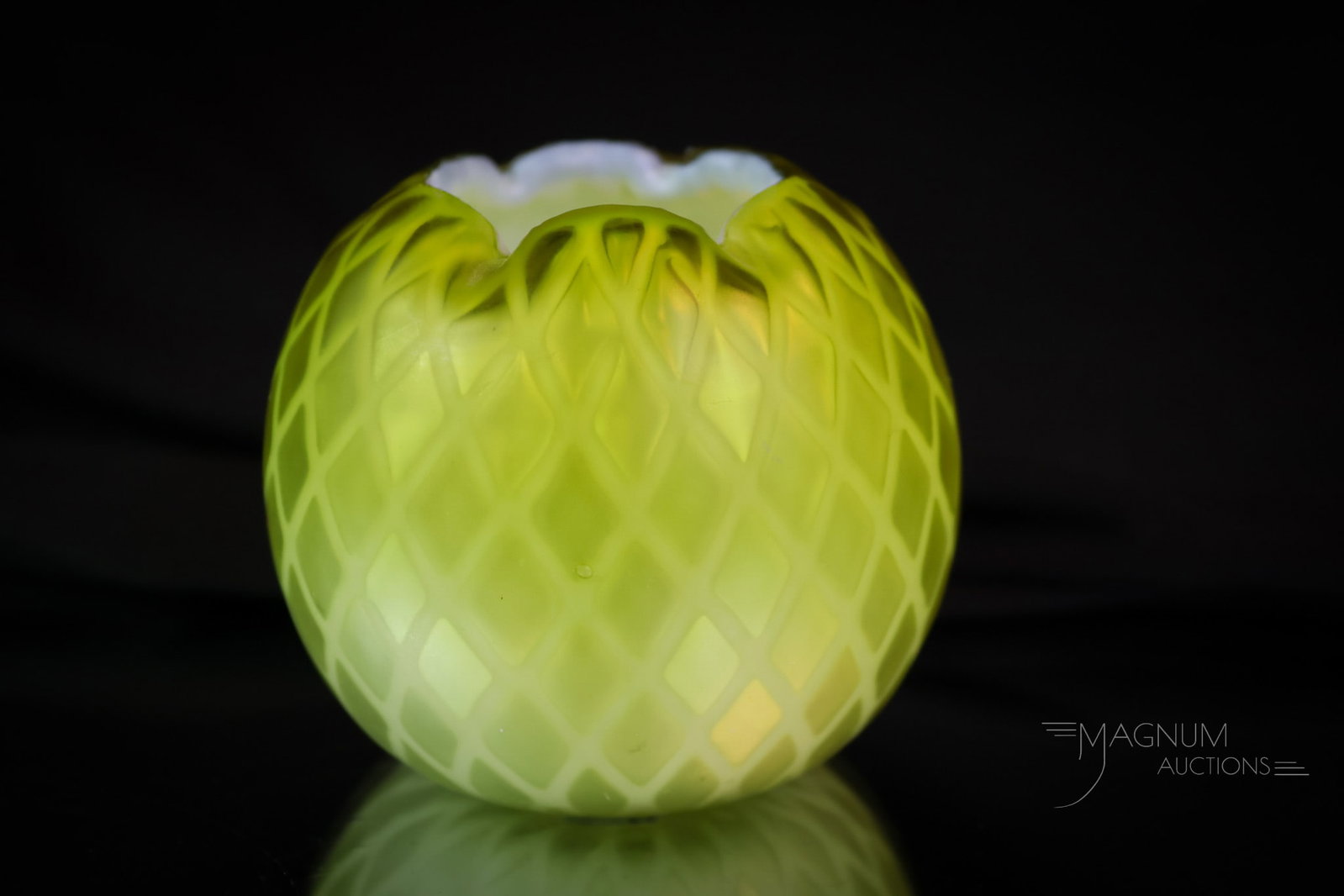 Lime Yellow Victorian Stripe Diamond Quilt Glass Miniature Rose Bowl: This is a cutie! This is a stripe pattern mother-of-pearl Vicgftorian glass rose bowl. It is in a rich lime yellow satin coloring. The pattern is a stripe. The rose bowl measures 2 1/2" tall and 2 1/2