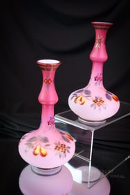 Pair Harrach Peachblow Enameled Satin Glass Mantle Vases