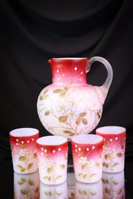 5 pc Victorian Herrigbone Gilt Enameled Satin Mother of Pearl Glass Water Set