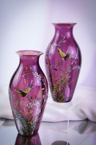Pair Victorian Bohemian Enameled Amethyst Glass Mantle Vases
