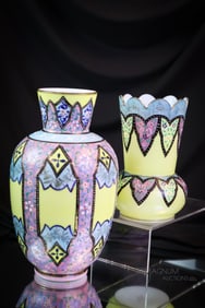 2 pc Lot Victorian Webb Morrocon Bohemian Enameled Glass Vases