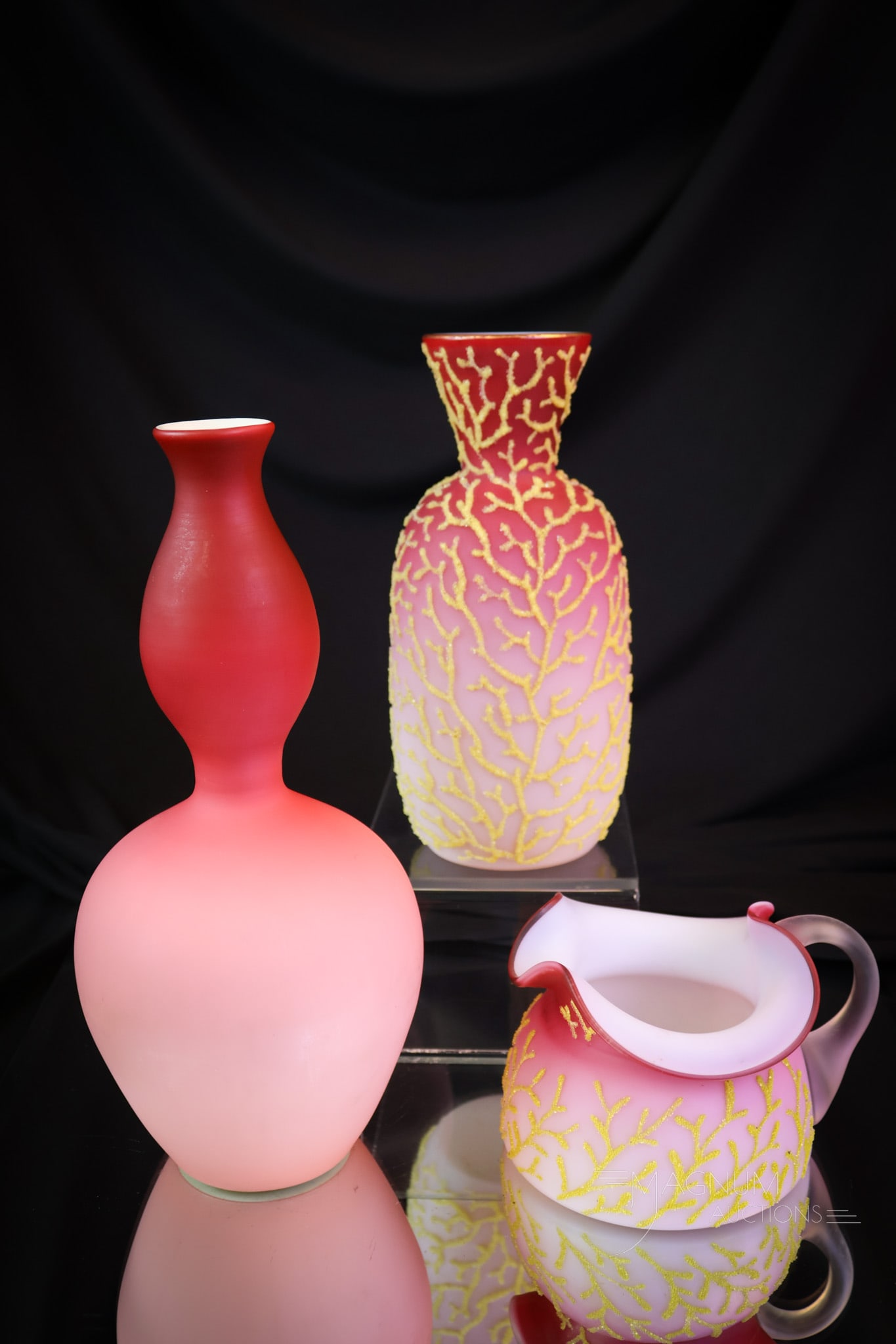 3 pc Lot Peachblow Victorian Uranium Coralene Art Glass: two pieces in this lot glow brightly because of the uranium content in the glass. Here are three pieces to have and enjoy! There is a peachblow satin coralene decorated vase and a cream pitcher. The t