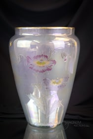 12" Sinclaire Iridescent Engraved & Enameled Art Glass Vase