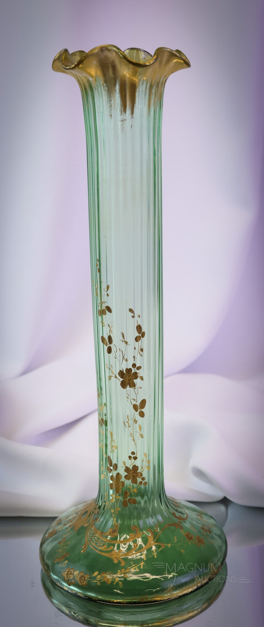 Victorian Gilt Enameled Glass Blohemian Glass Vase: A nice find in a Victorian Blohemian gilt decorated 12 1/2" vase. SHIPPING NOTICE: If you choose not to utilize the LiveAuctioneers LiveShip program, MAGNUM AUCTIONS always offers professional, in-hou