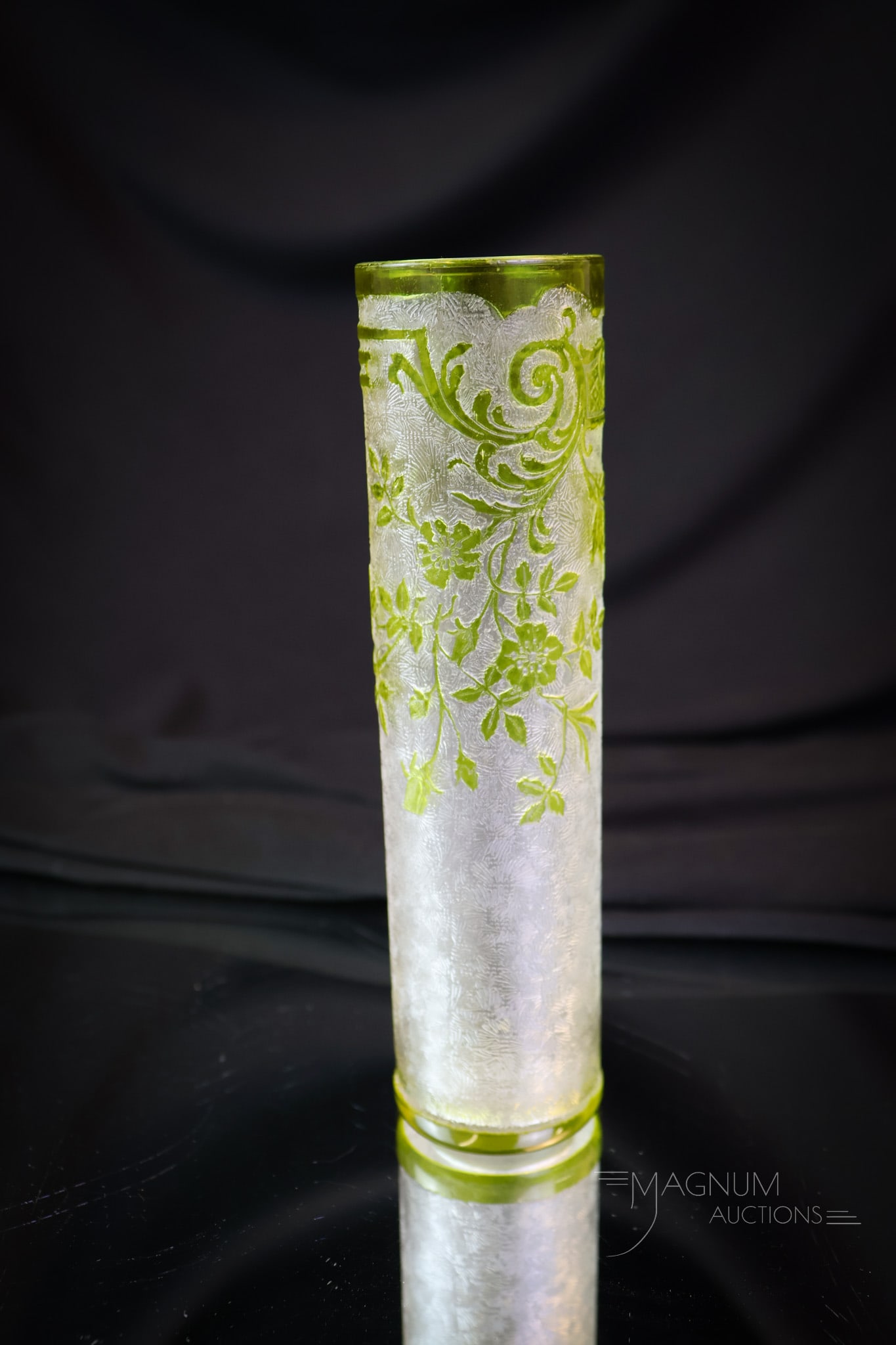 Baccarat Acid Cutback Art Glass Cameo Vase: A fine piece of acid cutback cameo glass. This piece is attributed to Baccarat. It is in a citron coloring. This sleek vase measures 6" tall. SHIPPING NOTICE: If you choose not to utilize the LiveAuct