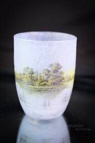 Signed 2" Daum Nancy Miniature Lake Scene French Cameo Art Glass Cabinet Vase