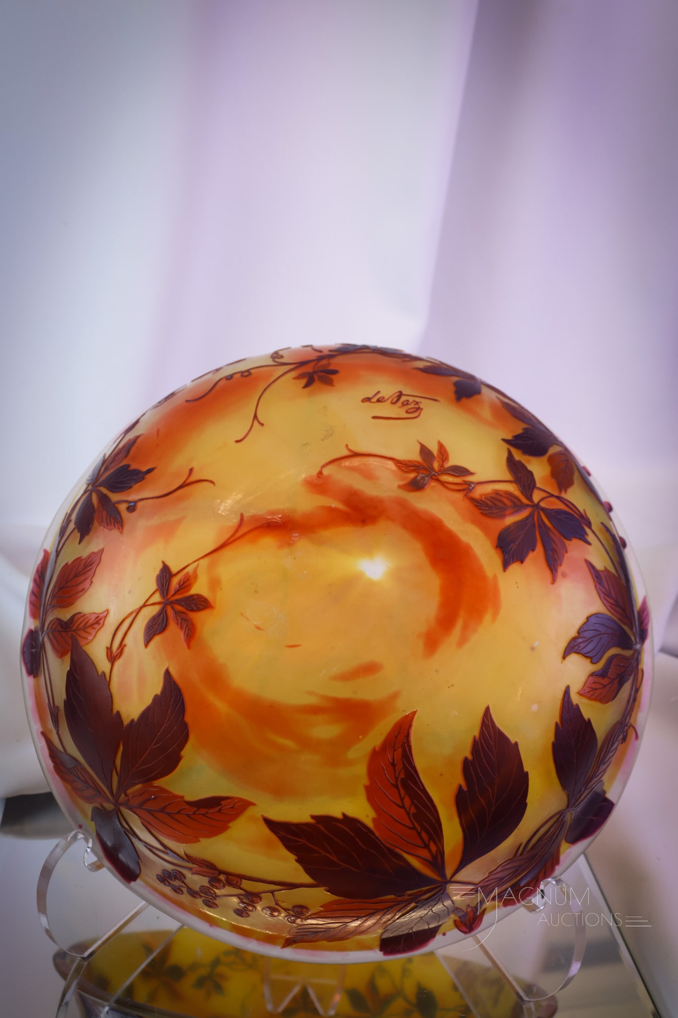 Signed Devez French Canmeo Art Glass Hanging Lamp Shade: A rare find in Devez French Cameo art glass. This is a shade for a ceiling fixture. It is decorated with leaves and berries. The shade measures 3" tall and 11 1/2" wide. SHIPPING NOTICE: If you choose