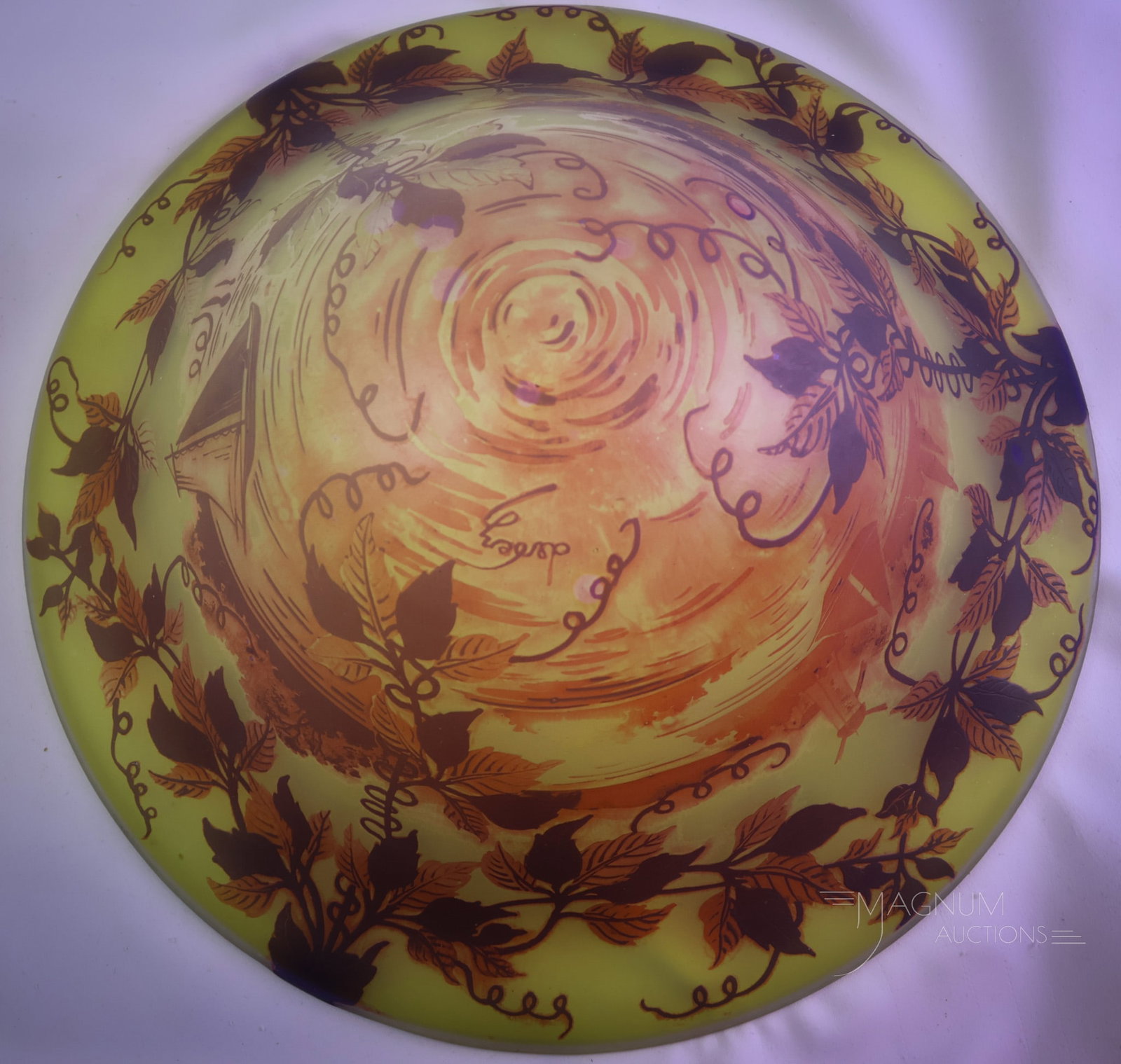 Signed Devez French Cameo Art Glass Hanging Ceiling Shade: Another rare find in Devez French cameo art glass. This is a shade for a ceiling hanging fixture. It is decorated with ships, trees, and a lake scene. SHIPPING NOTICE: If you choose not to utilize the
