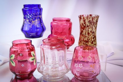 6 pc Lot  Victorian Art Glass Pickle Castor Jars Cranberry Cobalt Enameled & More