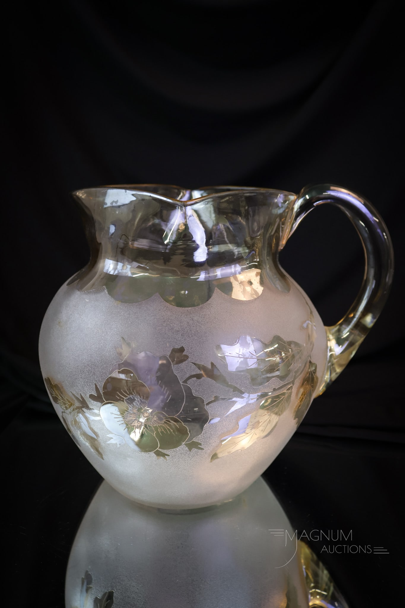 New England Victorian Pomona Butterfly & Pansy Glass Water Pitcher: A rare find in Victorian New England Pomona glass. This pitcher is in the Butterfly & Pansy pattern. A great example with good coloring! The pitcher measures 7" tall and 7 3/4" wide. SHIPPING NOTICE: 
