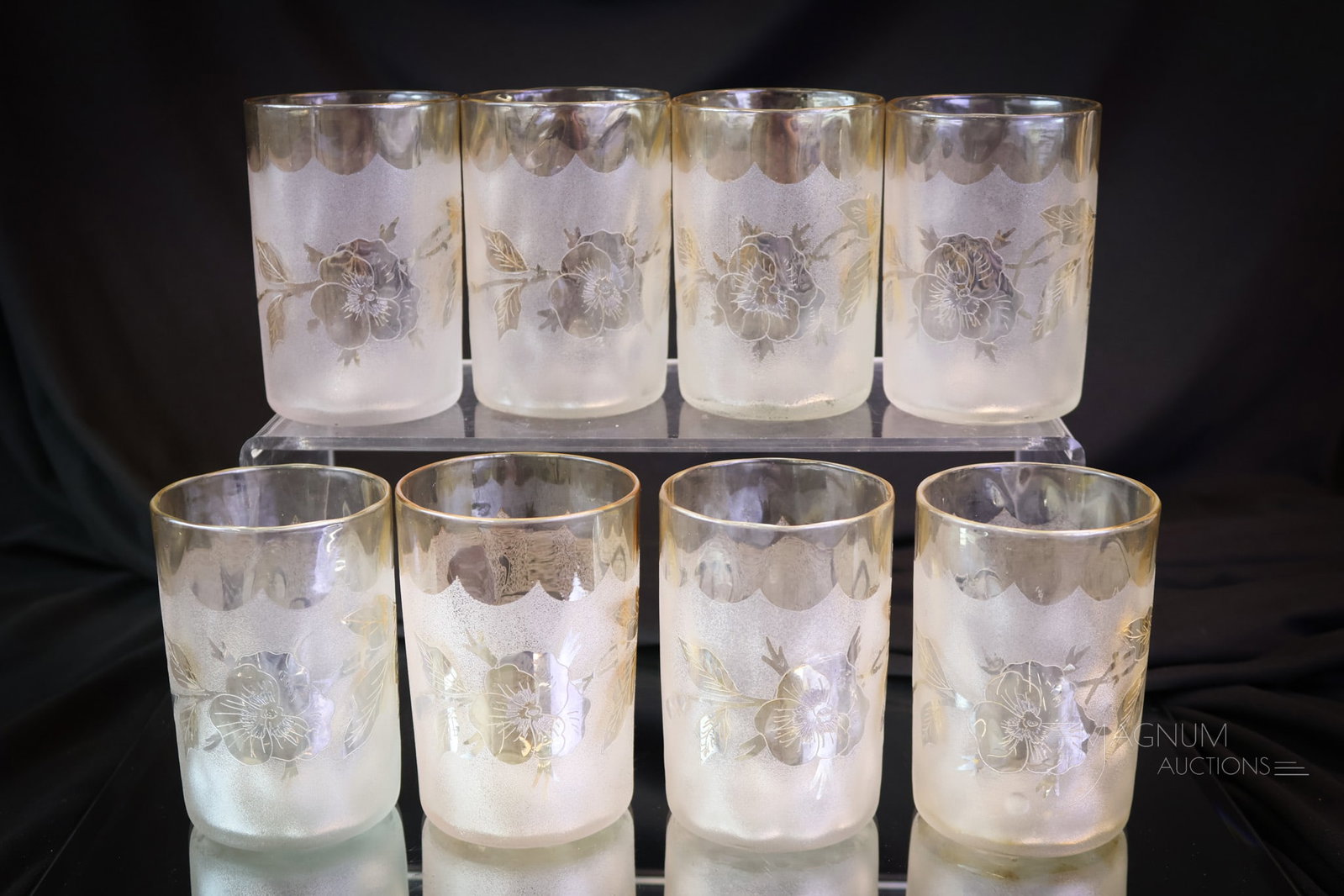 6 pc Set New England Victorian Pomona Glass Butterfly & Pansy Tumblers: Another select find in New England Victorian Pomona glass. This is a set of six Pomona tumblers in the Butterfly & Pansy pattern. Each is a lovely example with great coloring. Each measures 3 3/4" tal