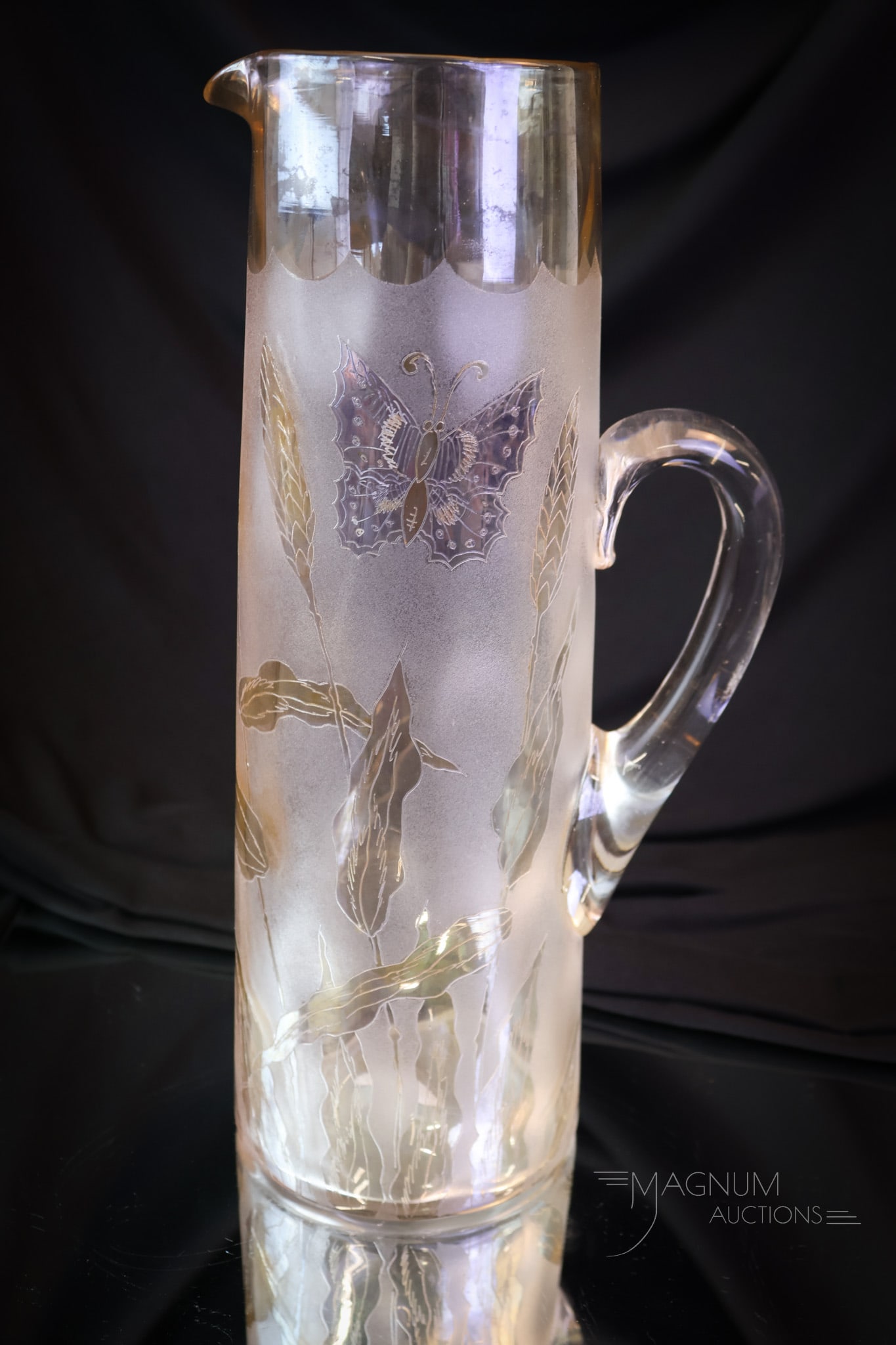 Rare New England Victorian Pomona Glass Tankard Butterfly & Pansy: A very rare find in Victorian New England Pomona glass. This is a tankard pitcher in the Butterfly & Pansy decoration. Seldom do you see a tankard pitcher, let alone one with this decoration. The tank