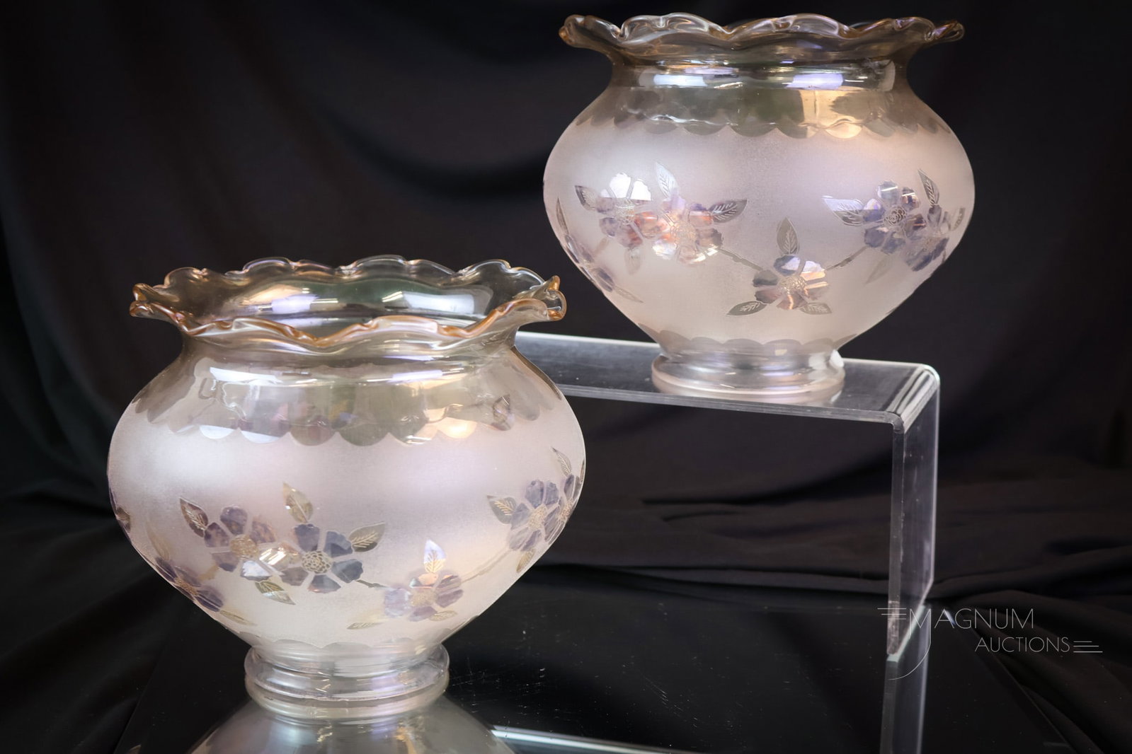 Rare Pair of Victorian New England Pomona Glass Cornflower Ruffled Shades: A rare find in Victorian Pomona glass. This is a pair of Cornflower decorated shades. Each has perfect coloring and a ruffled rim. Each shade measures 6" tall and 7" wide, and a fitter of 3". One of t