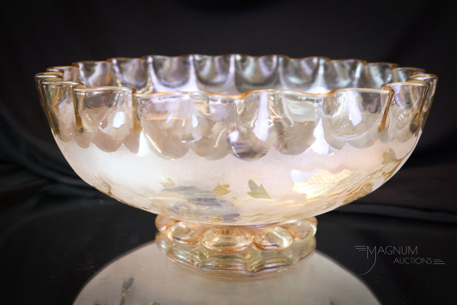 New England Victorian Pomona Butterfly & Pansy Glass Footed Bowl: A rare find in Victorian New England Pomona glass. This is a footed bowl in the Butterfly & Pansy decoration. This bowl has a ruffled edge and nice coloring. It measures 4 1/2" tall and 10" wide. SHIP
