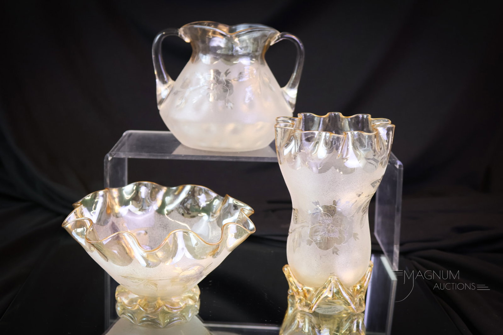 3 pc Lot New England Victorian Butterfly & Pansy Pomona Glass: Three fine finds in Victorian New England Pomona glass. This lot includes some unusual forms. There are two footed pieces along with a two-handle sugar bowl. The tallest measures 5 1/2". SHIPPING NOTI