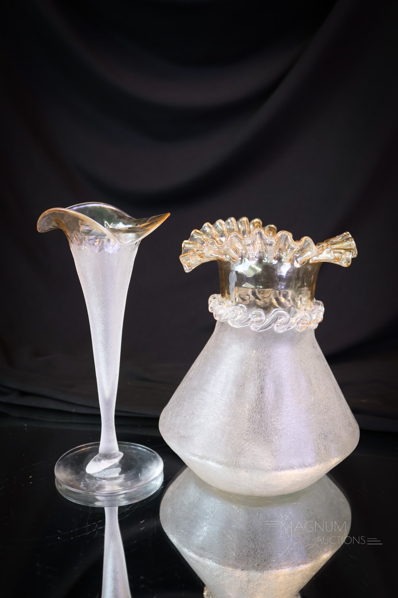 2 pc Lot Victorian New England Pomona Glass Vases: Two select finds in Victorian New England Pomona glass. This lot offers a lily vase and a vase with applied rigaree. The tallest of these measures 6". SHIPPING NOTICE: If you choose not to utilize the