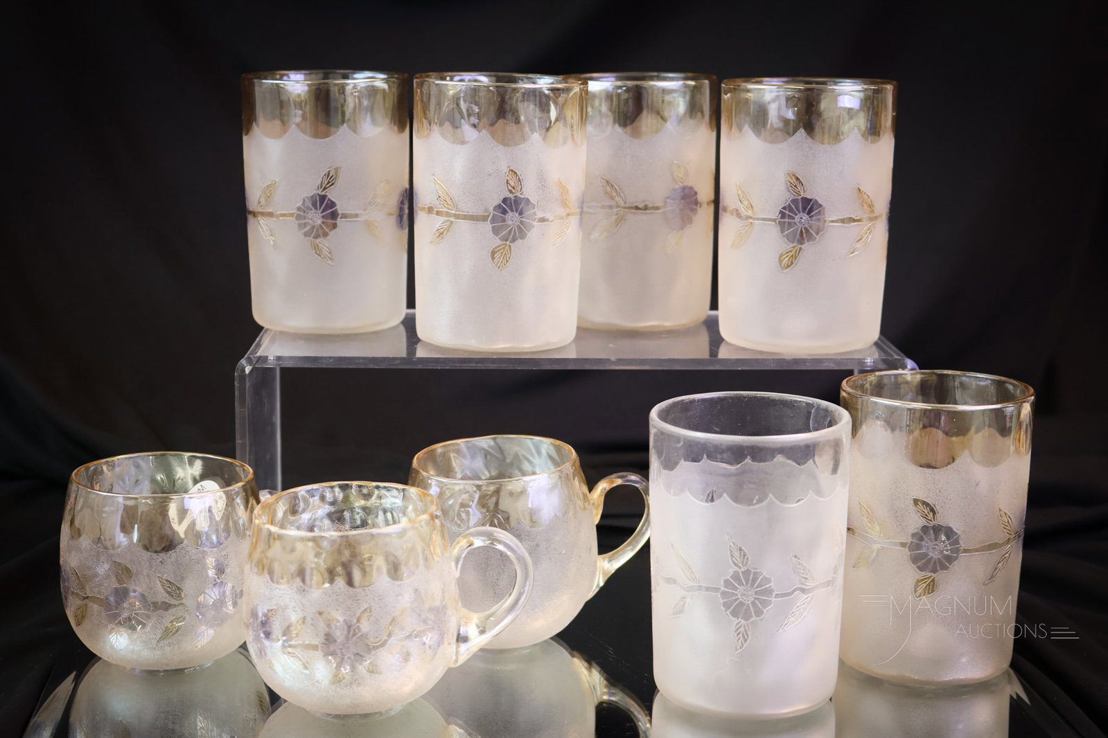 9 pc Lot Victorian New England Glass Corngflower Tumbler & Punch Cups: There are six tumblers and three punch cups that make up this offering of blue cornflower decorated New England Pomona glass. The tallest measures 3 3/4". SHIPPING NOTICE: If you choose not to utilize