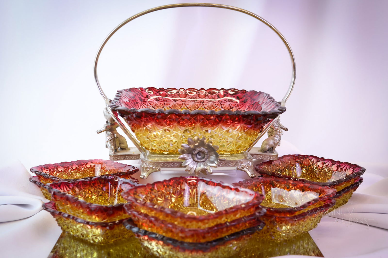 12 pc Set Hobbs Amberina Victorian Daisy & Button Glass Brides Bowl Berry Set Reed & Barton: A wonderful find in Victorian Hobbs Daisy & Button pattern rin rich amberina glass set in a signed Reed & Barton silverplate frame. This set features a silverplate holder with a Kate Greenaway figural