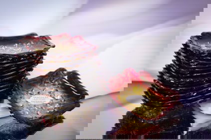 10 pc Set Hobbs Amberina Victorian Daisy & Button Glass Butter Pats