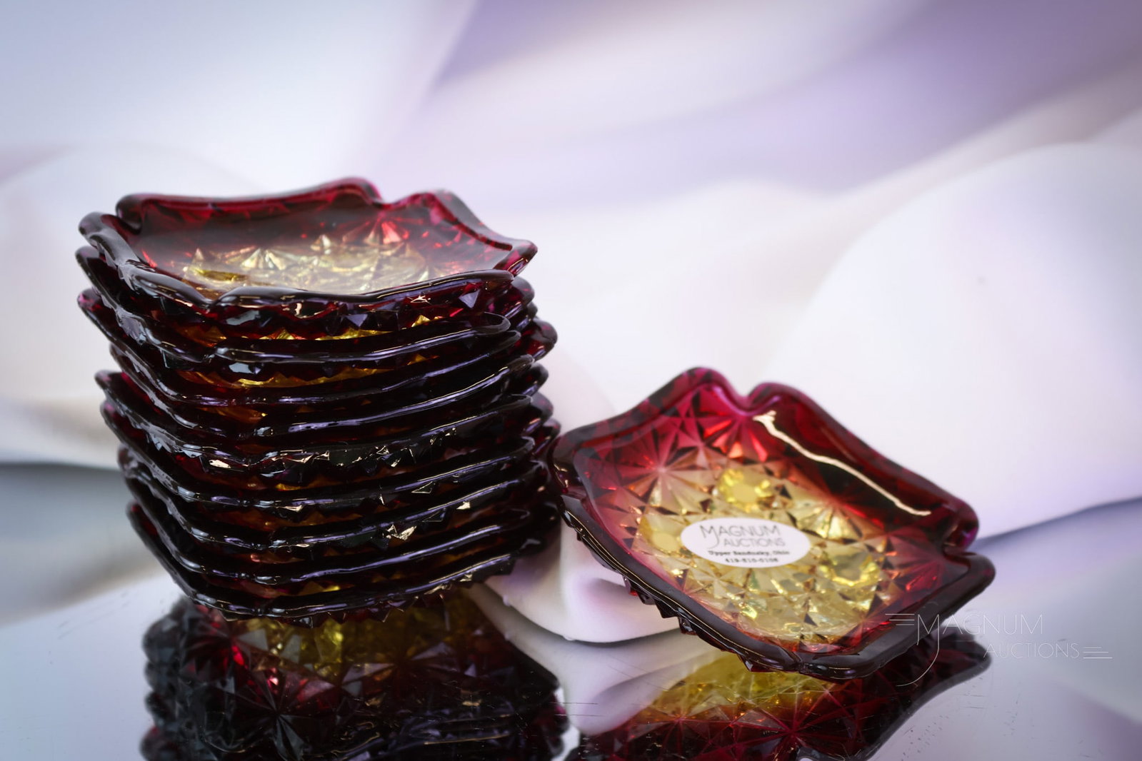 10 pc Set Hobbs Amberina Victorian Daisy & Button Glass Butter Pats: A fine offering of a set of ten Hobbs Victorian Amberina Glass Daisy & button pattern glass butter pats. So seldom do you see a large offering of these. Usually just one or two. This is a set of ten d