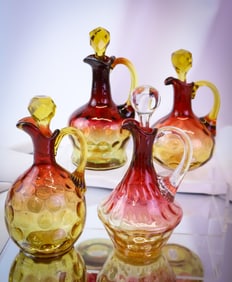 4 pc Lot Victorian Mt. Washington Hobbs & More Amberina Glass Cruets