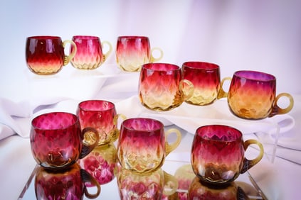 10 pc Lot Mt. Washington Amberina Diamond Quilt Punch Custard Cups