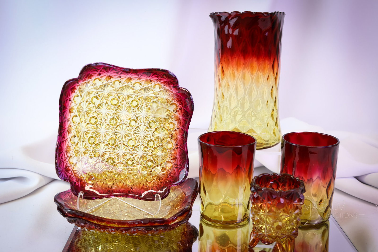 7 pc Lot Victorian Amberina Glass Hobbs & Mt. Washington: A very attractive offering of seven pieces of Victorian amberina glass in various forms and makers. This lot includes a Mt. Washington celery vase and two tumblers. Three Hobbs Daisy & Button Square p