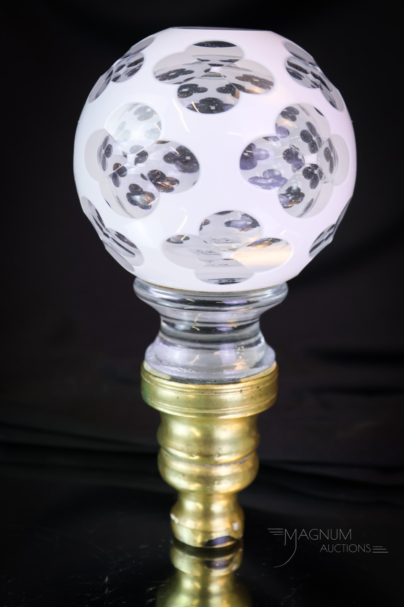 Victorian Cut Overlay Glass Newell Post Finial: A fine and early piece of Victorian cut overlay glass. This is a newell post finial in white cut to clear. This piece measures 6" tall and 3" wide. SHIPPING NOTICE: If you choose not to utilize the Li