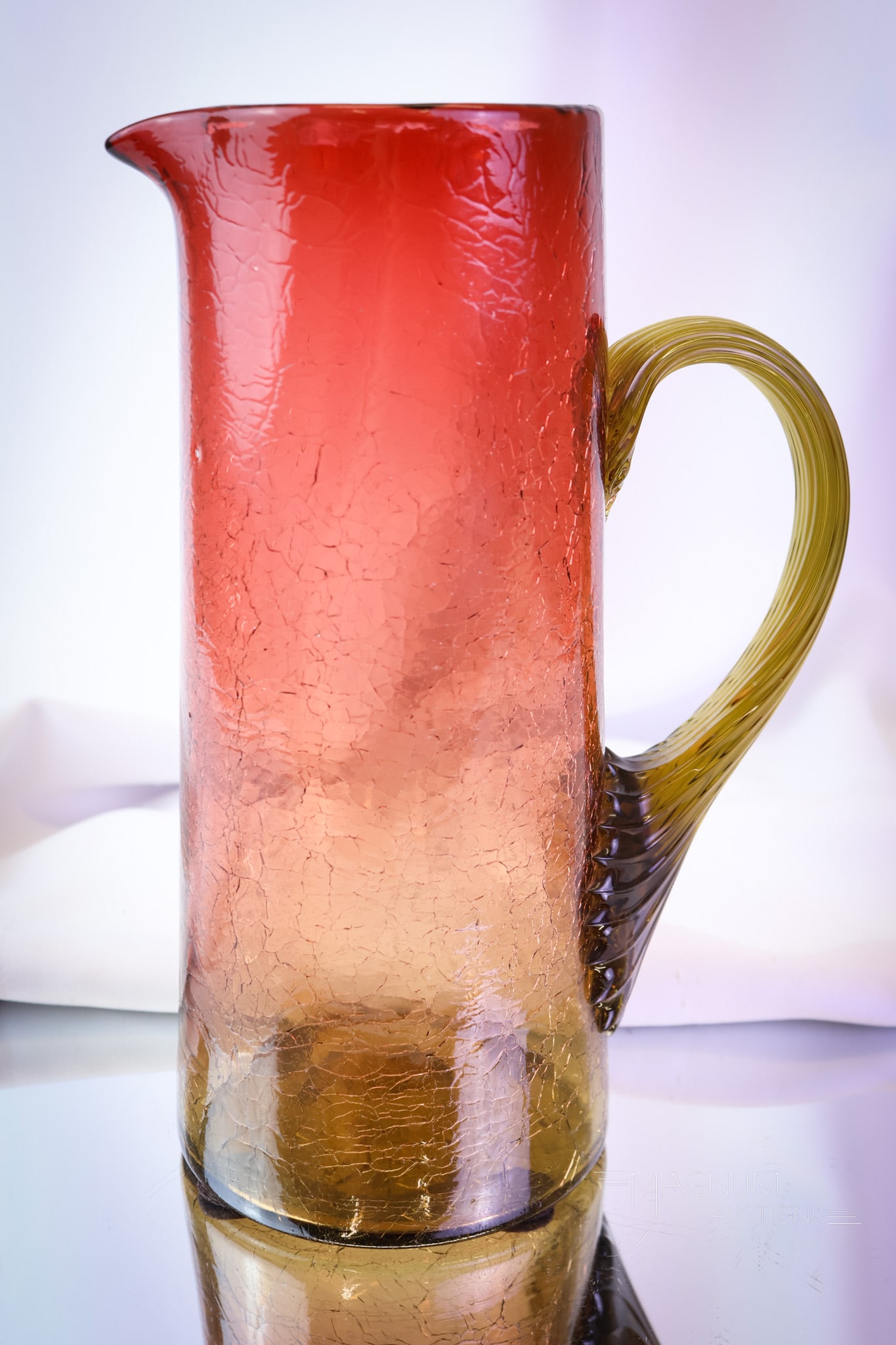 Phoenix Amberina Victorian Craquelle Glass Tankard Pitcher: A wonderfully rare Victorian amberina craquelle glass tankard pitcher. This piece is attributed to Phoenix glass. It shimmers in the light. The tankard measures 10 1/4" tall. SHIPPING NOTICE: If you c
